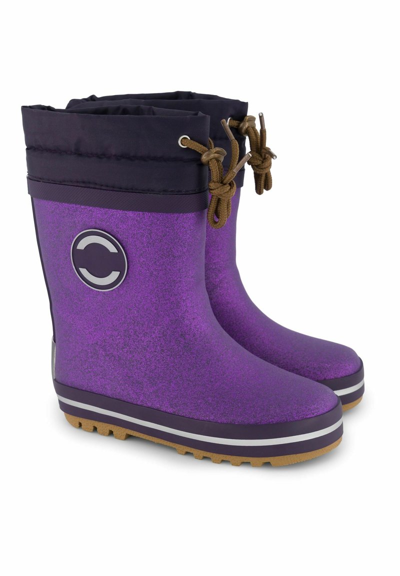 Violet rubber rain boots with a glittery finish, featuring a black fabric cuff, brown laces, and a round logo accent. Textured sole.