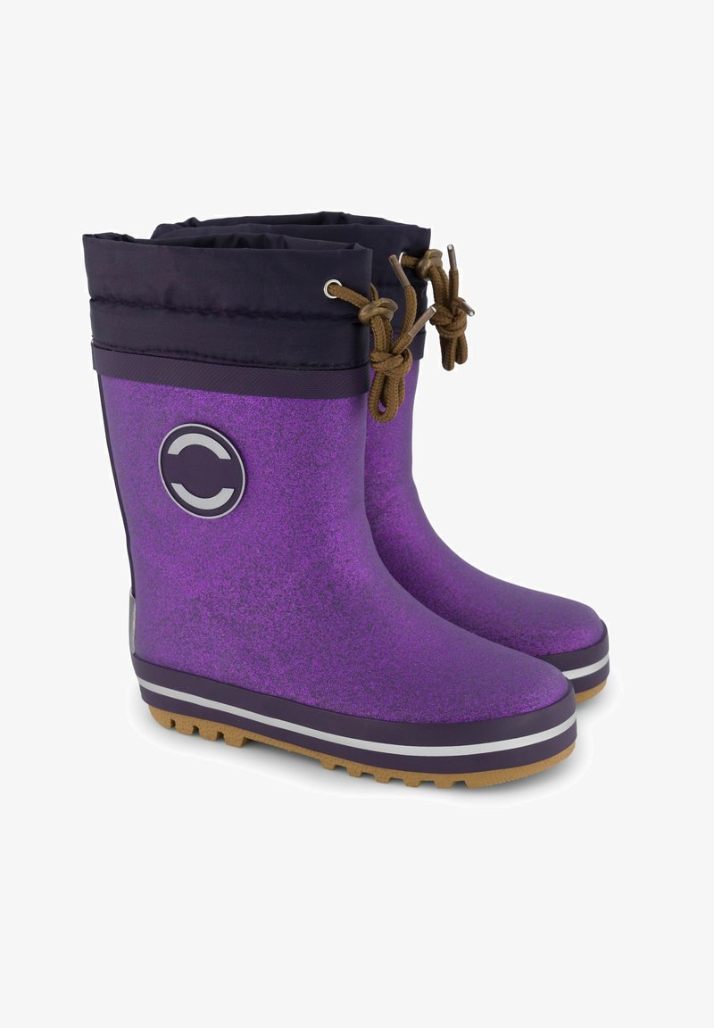 Violet rubber rain boots with a glittery finish, featuring a black fabric cuff, brown laces, and a round logo accent. Textured sole.