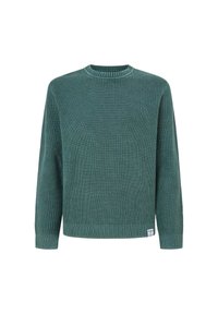 Zelena pletena jopica s okroglim izrezom, rebrastimi manšetami in spodnjim robom, ki vsebuje teksturiran vzorec ter majhno oznako v spodnjem levem kotu.