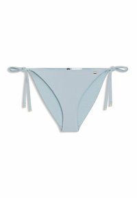 Ljusblå bikiniunderdel med knytband på sidorna, med en slät yta och en subtil mönstrad inre foder.