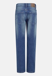 Τζιν μπλε denim με ίσια γραμμή, με πέντε τσέπες, υφασμάτινη υφή και ταμπελάκι σε ταμπά δέρμα στη μέση στο πίσω μέρος.