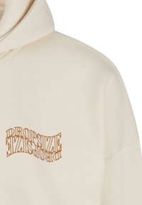 Beige hoodie with a soft texture, featuring a stylized brown "DROPSIZE" logo printed on the front at an angle. Classic pullover design.