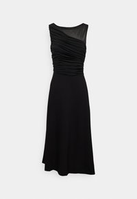 Robe midi noire sans manches avec corsage froncé et décolleté asymétrique en mesh, taille cintrée et jupe fluide.