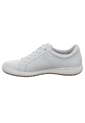 Baskets basses en cuir blanc avec lacets, col rembourré et semelle en caoutchouc blanche vues de l’extérieur sur fond blanc.