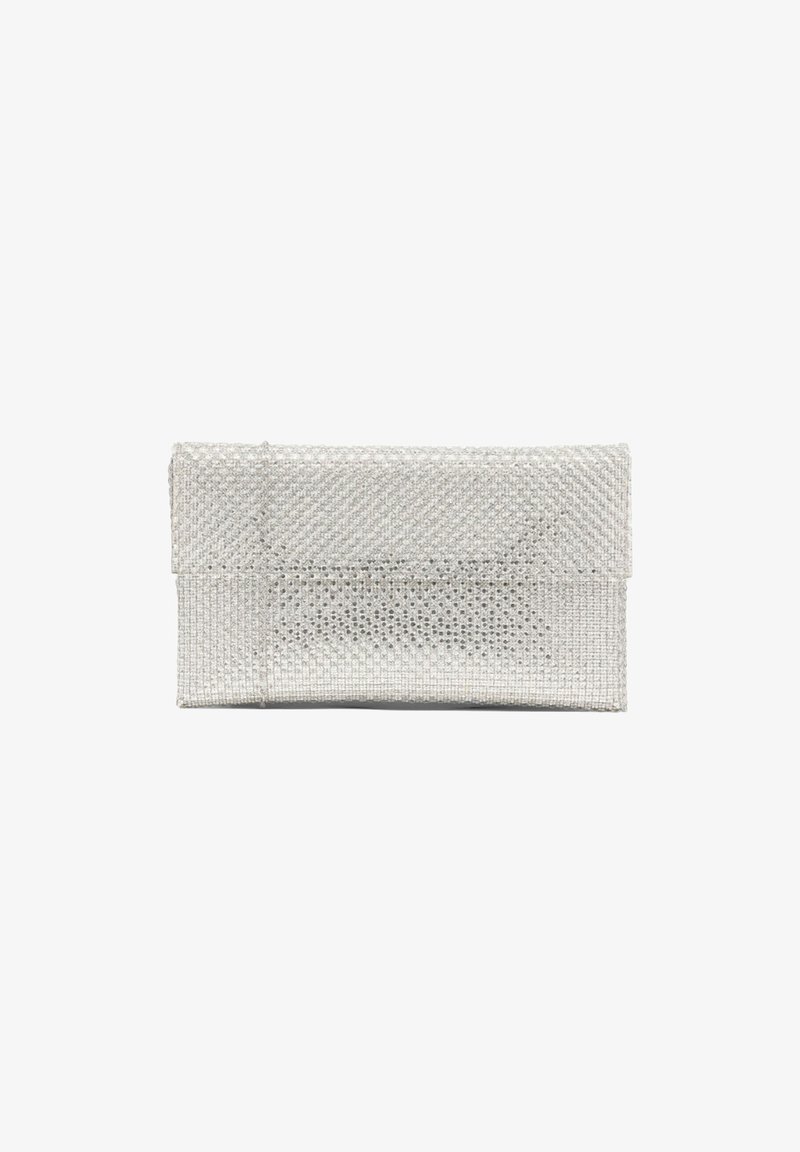 Bolso de mano con purpurina plateada, con una superficie texturizada y cierre de tapa, situado plano sobre un fondo blanco.