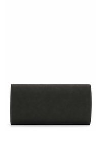 Cartera de imitación de cuero texturizado en negro, con forma rectangular, costuras blancas a lo largo de los bordes y una superficie lisa.