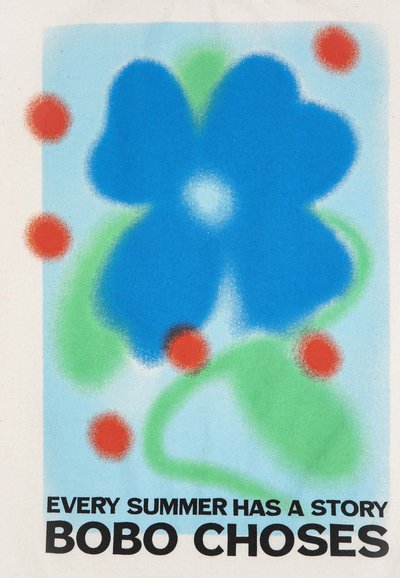 Large soft-edged blue flower with green leaves and six small red dots on light blue background, text reads "Every summer has a story BOBO CHOSES."