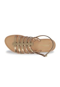 Brown leather sandal with metallic gold straps, open toe design, flat sole, and ankle strap. Features stitching detailing on footbed.