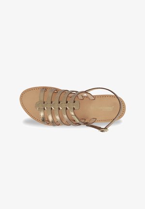 Brown leather sandal with metallic gold straps, open toe design, flat sole, and ankle strap. Features stitching detailing on footbed.