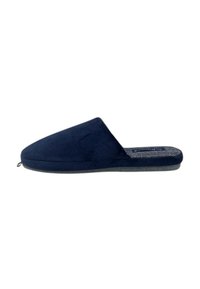 Pantofole blu navy con esterno in morbido suede, tallone aperto e soletta imbottita grigia. Suola piatta con design minimalista.