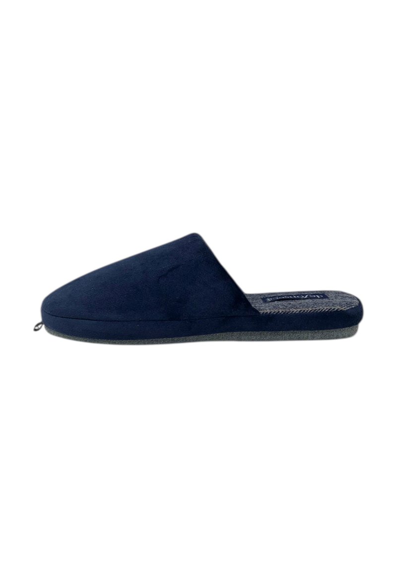 Pantofole blu navy con esterno in morbido suede, tallone aperto e soletta imbottita grigia. Suola piatta con design minimalista.
