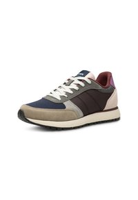 Multicolored sneaker featuring navy, gray, and beige materials with a suede toe, mesh accents, and a black rubber sole. Laces are white.