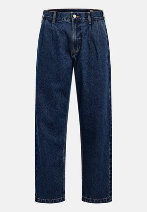 Mørkeblå denimjeans med lige ben-design. Har synlige syninger, en knaplukning og frontfoldninger for ekstra detalje.
