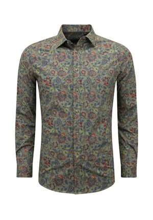 Langarmshirt van groene stof met een bloemenpatroon, inclusief rode, blauwe en gele bloemen; klassieke kraag en knoopsluiting.