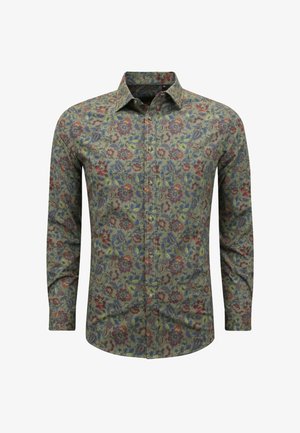 Langarmshirt van groene stof met een bloemenpatroon, inclusief rode, blauwe en gele bloemen; klassieke kraag en knoopsluiting.