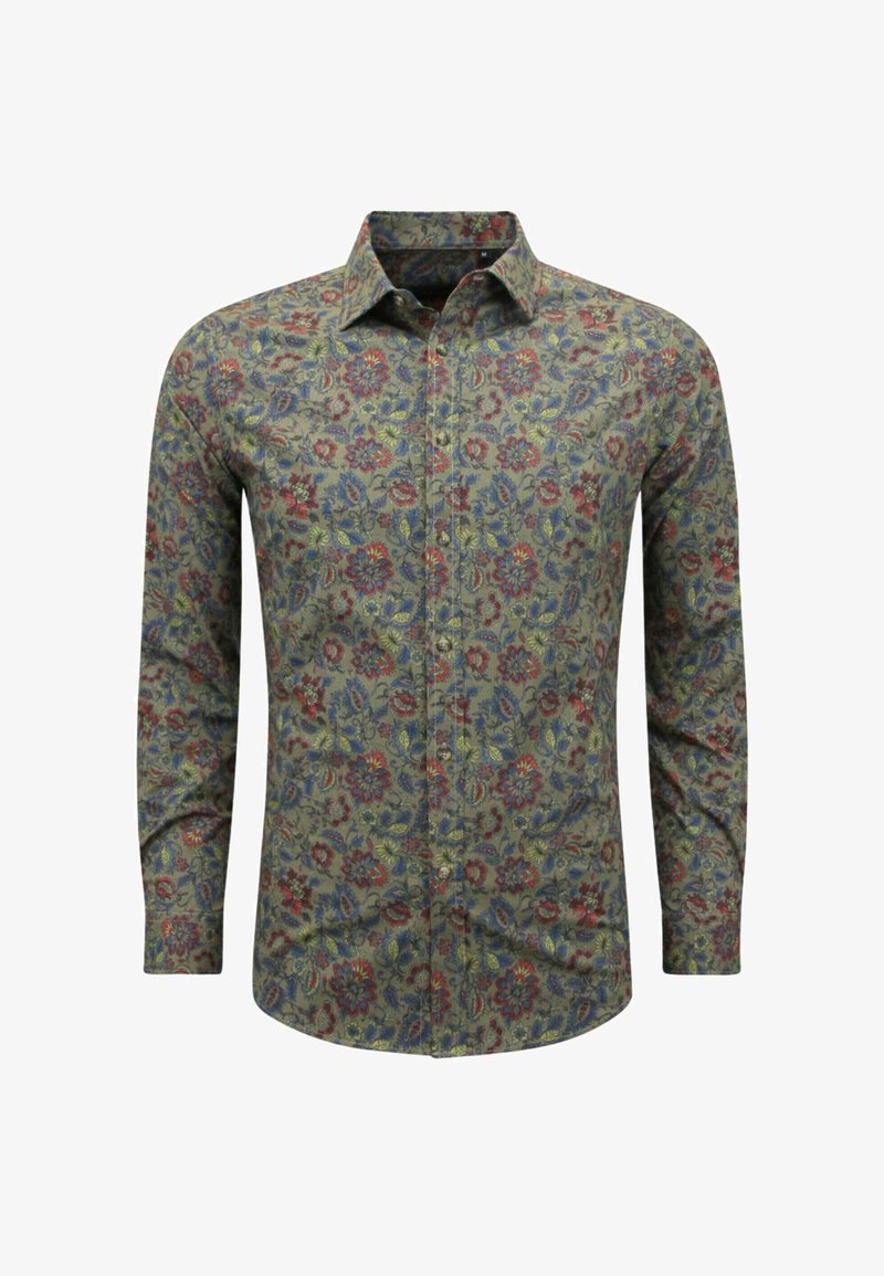 Langarmshirt van groene stof met een bloemenpatroon, inclusief rode, blauwe en gele bloemen; klassieke kraag en knoopsluiting.