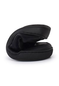Pantofole pieghevoli nere con esterno in pelle liscia e suola in gomma testurizzata. Forma arrotondata con interni imbottiti per il comfort.