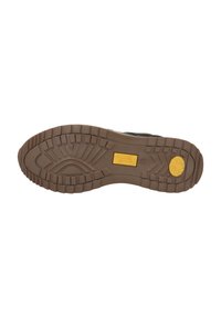 Sneaker zool van rubber, bruine kleur, textuurpatroon voor grip en een gele accent op de hak.