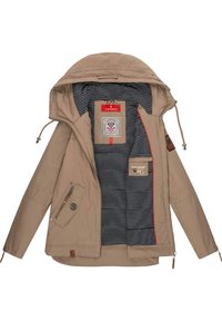 Beige hooded jacket with a zip and drawstring. Interior features a navy striped lining, patch label, and side zippered pocket.
