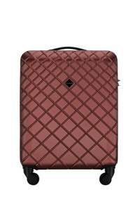 Red hard-shell suitcase with a diamond pattern, featuring a black handle and four black wheels for mobility. Brand logo displayed on front.
