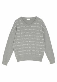 Szary sweter wykonany z miękkiego materiału, z całkowitym wzorem białego logo "LIUJO", okrągłym dekoltem i długimi rękawami. Luźny krój.