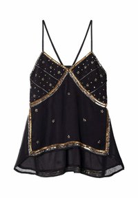 Top negro sin mangas con tirantes delgados, adornado con cuentas doradas y plateadas y patrones de estrellas, silueta acampanada y textura translúcida.