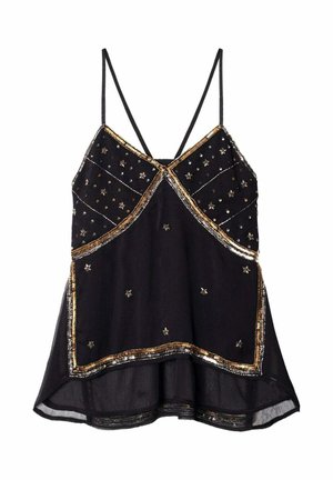 Haut noir sans manches avec fines bretelles, orné de perles dorées et argentées ainsi que de motifs d'étoiles, silhouette évasée et texture transparente.