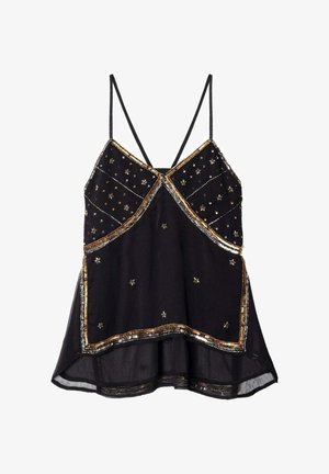 Haut noir sans manches avec fines bretelles, orné de perles dorées et argentées ainsi que de motifs d'étoiles, silhouette évasée et texture transparente.