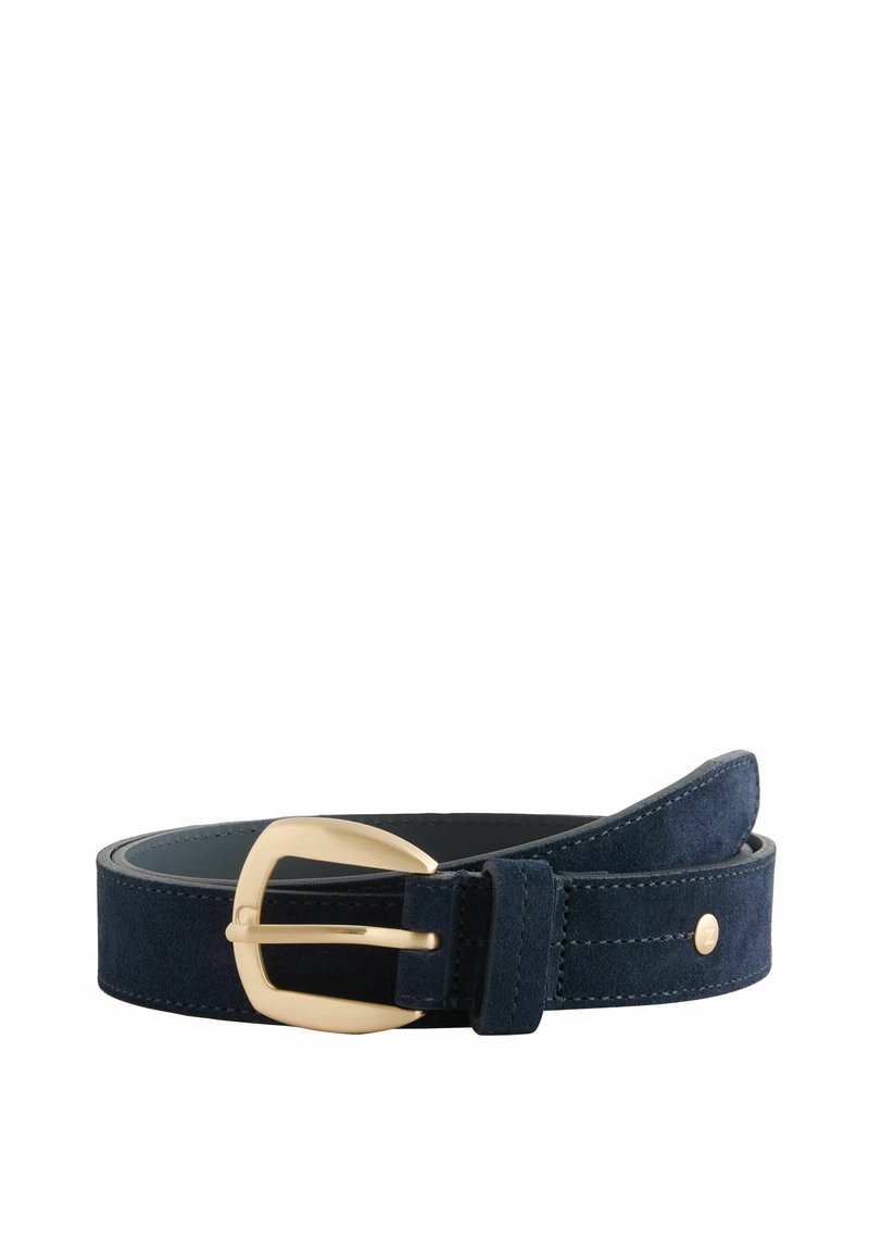 Cintura in suede blu navy con fibbia in metallo dorato, texture liscia e dettagli cuciti. Lunghezza regolabile con chiusura a dente singolo.
