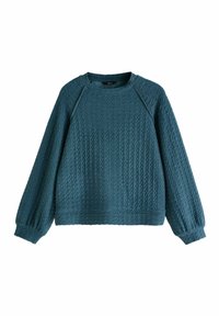 Teal pullover sweatshirt van textiel met een structuur, raglanmouwen en geribbelde zoom. Beschikt over een ronde halslijn en een losse pasvorm.