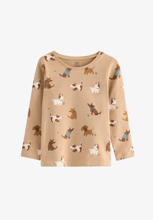 Beige košile s dlouhým rukávem a potiskem psa v hnědé a bílé barvě. Materiál je měkký s hladkým povrchem a kulatým výstřihem.