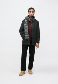 Casaco de lã cinza com fecho de botão, gola alta preta, cachecol cinza às riscas, calças pretas e ténis castanhos, em pé contra um fundo simples.