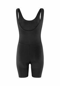 Black bodysuit with a scoop neckline and wide straps. Smooth texture, form-fitting design, and short leg length. Seamless construction.