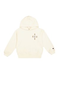 Hoodie de couleur crème en coton, avec un design de logo sur le devant agrémenté d'accents dorés, des poignets côtelés et une capuche avec cordon de serrage.