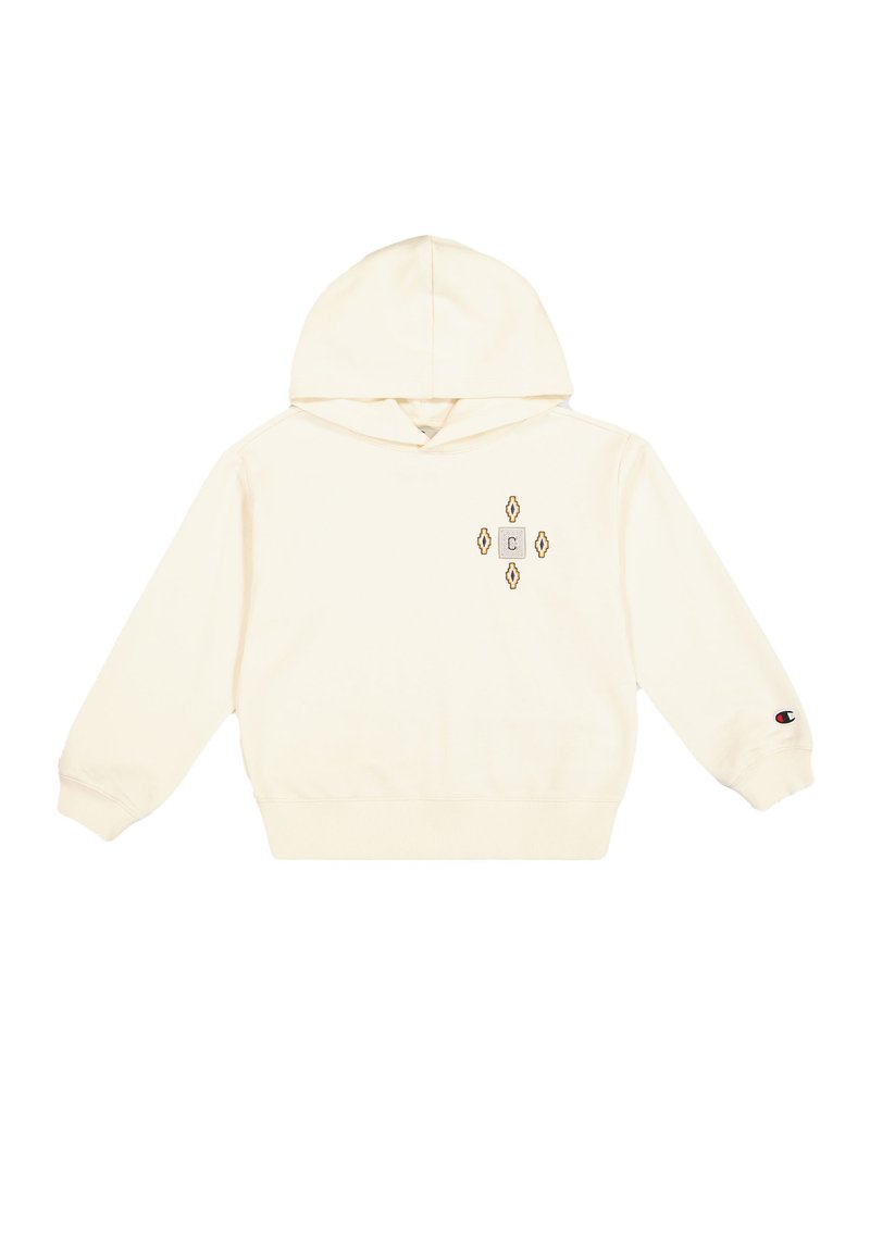Hoodie de couleur crème en coton, avec un design de logo sur le devant agrémenté d'accents dorés, des poignets côtelés et une capuche avec cordon de serrage.