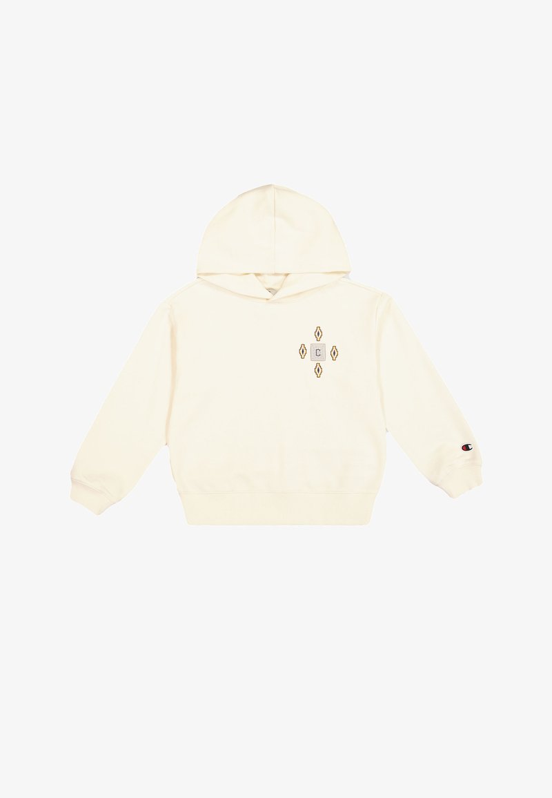 Felpa color crema in cotone, con un design del logo frontale con accenti dorati, polsini a coste e cappuccio con cordino.