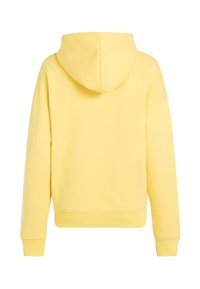 Felpa gialla con cappuccio a coulisse, polsini e orlo a costine. Realizzata in un tessuto morbido con una texture semplice e senza motivi visibili.