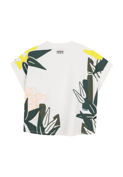 Chemise blanche à manches courtes avec des motifs floraux abstraits verts, jaunes et roses, et le logo "Kenzo Paris" dans le haut du dos.