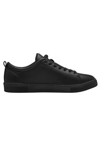 Schwarzer Sneaker mit einer glatten synthetischen Oberseite, runder Zehenkappe, flacher Sohle und Schnürung vorne. Verfügt über einen kleinen Fersenriemen für ein einfaches Anziehen.