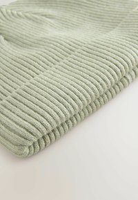 Hellgrüne Rippstrickmütze mit weichem Textil, versehen mit einem umgeschlagenen Rand und gleichmäßigen vertikalen Linien im gesamten Design.
