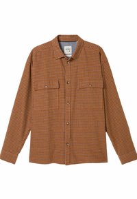 Langärmliges kariertes Hemd in Orange und Braun, mit zwei Brusttaschen, durchgehender Knopfleiste und einem weichen, strukturierten Stoff.