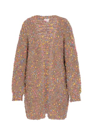 Texturerad brun cardigan med flerfärgade prickar, lös passform, långa ärmar och öppen frontdesign. Har en ribbad halsringning och fåll.