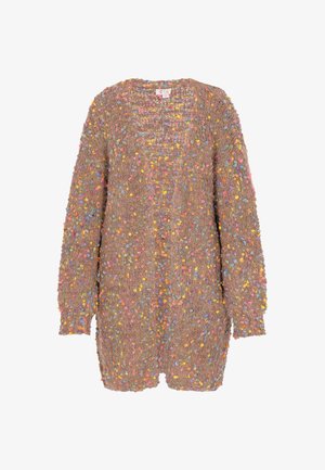 Gestreifter brauner Cardigan mit mehrfarbigen Sprenkeln, lockerer Passform, langen Ärmeln und offenem Design. Mit einem gerippten Halsausschnitt und Saum.