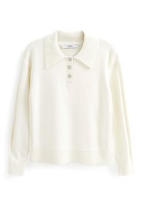 Elfenbeinfarbener Strickpullover mit geripptem Kragen, Knopfleiste mit drei dekorativen Knöpfen, langen Ärmeln und geripptem Saum.