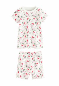 Zweiteiliges Pyjama-Set aus Baumwolle mit einem kurzärmeligen Oberteil und Shorts, auf weißem Hintergrund mit bunten Kirschen- und Blumenmotiven.