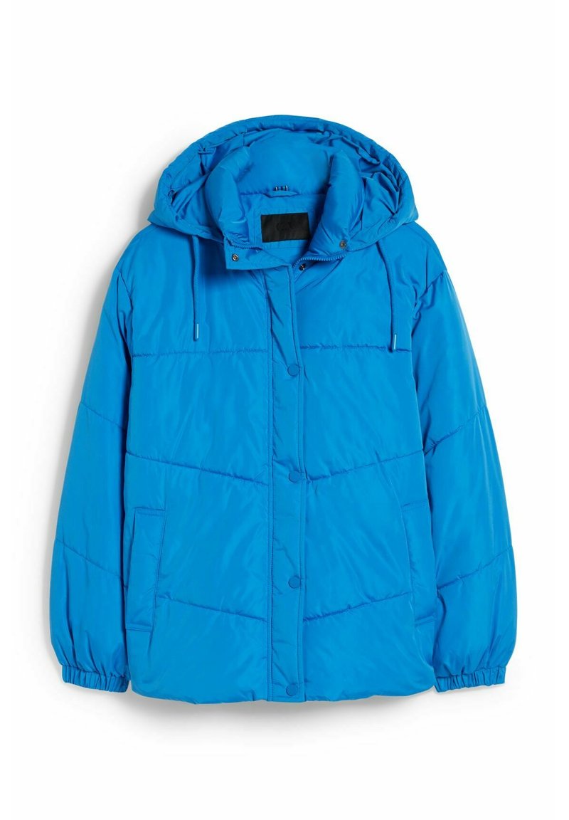 Chaqueta de plumas azul con capucha, con un diseño acolchado, botones de presión y puños elásticos. Fabricada en un material suave y ligero.