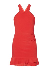 Vestido sem mangas vermelho com decote em V, detalhes drapeados na lateral e bainha com volantes. Feito de um tecido suave e ajustado.