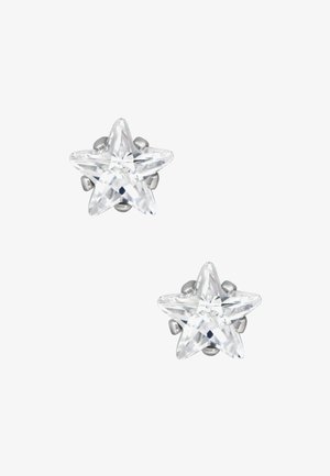 Boucles d'oreilles clous en forme d'étoile en cristal clair avec des accents en métal argenté. Présente des bords lisses et des facettes transparentes.