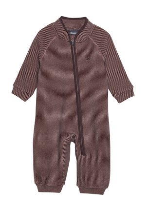 Gestreifter brauner Overall mit Reißverschluss, langen Ärmeln und gerippten Bündchen. Weicher Stoff mit einem gestickten Logo auf der Brust, entworfen für Komfort.