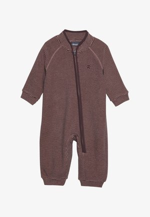 Gestreifter brauner Overall mit Reißverschluss, langen Ärmeln und gerippten Bündchen. Weicher Stoff mit einem gestickten Logo auf der Brust, entworfen für Komfort.